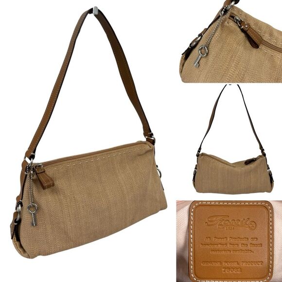 Fossil Carolina Tan Canvas Brown Trim Shoulder Bag - Picture 1 of 10